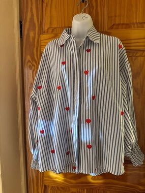 Striped Button-Down Shirt with Red Heart Embroidery - Blue/White